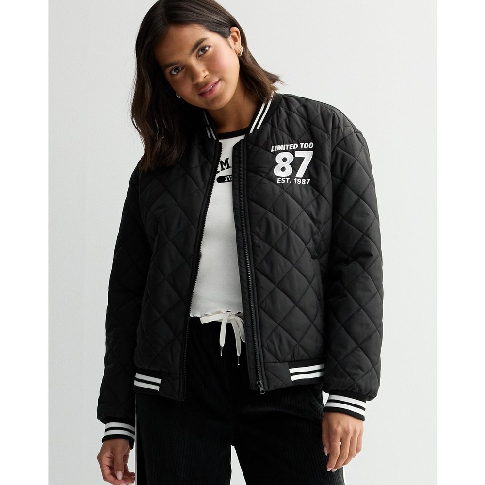 Limited Too Quilted Bomber Jacket Women's Size 16-18 Comfortable Black Varsity